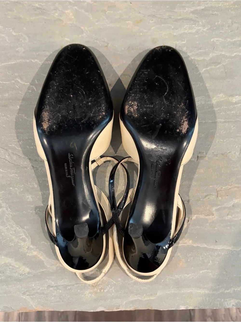 Salvatore Ferragamo Vintage Two-Tone T-Strap Slingback Heels - Picture 6 of 7